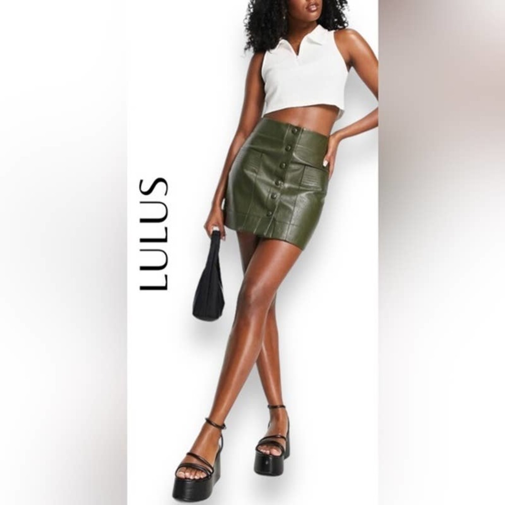 Lulus NWT Most Fab Vegan Leather Button-Front A-Line Mini Skirt Olive Green XS
